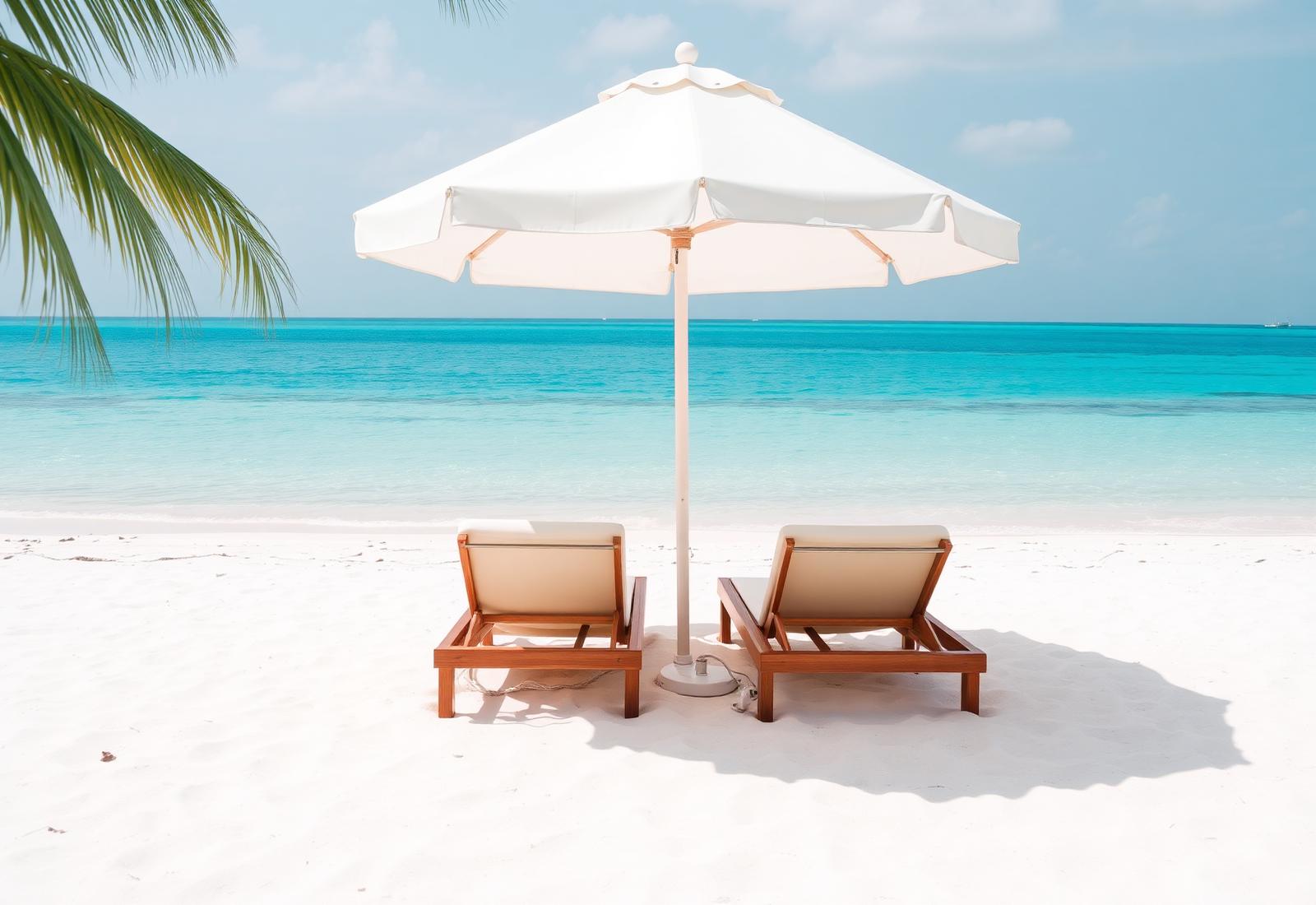 Beach lounge chairs and umbrella